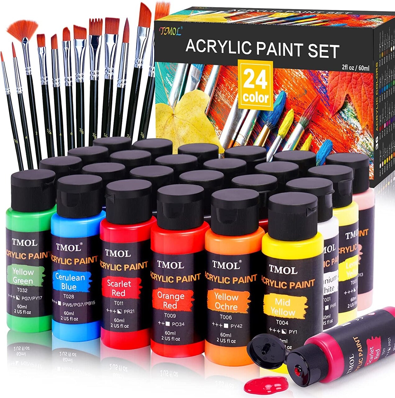 Acrylic Paint Set with 12 Art Brushes, 24 Colors (2 Oz/Bottle) Acrylic Paint for Painting Canvas, Wood, Ceramic and Fabric, Paint Set for Beginners, Students and Professional Artist, Rich Pigments